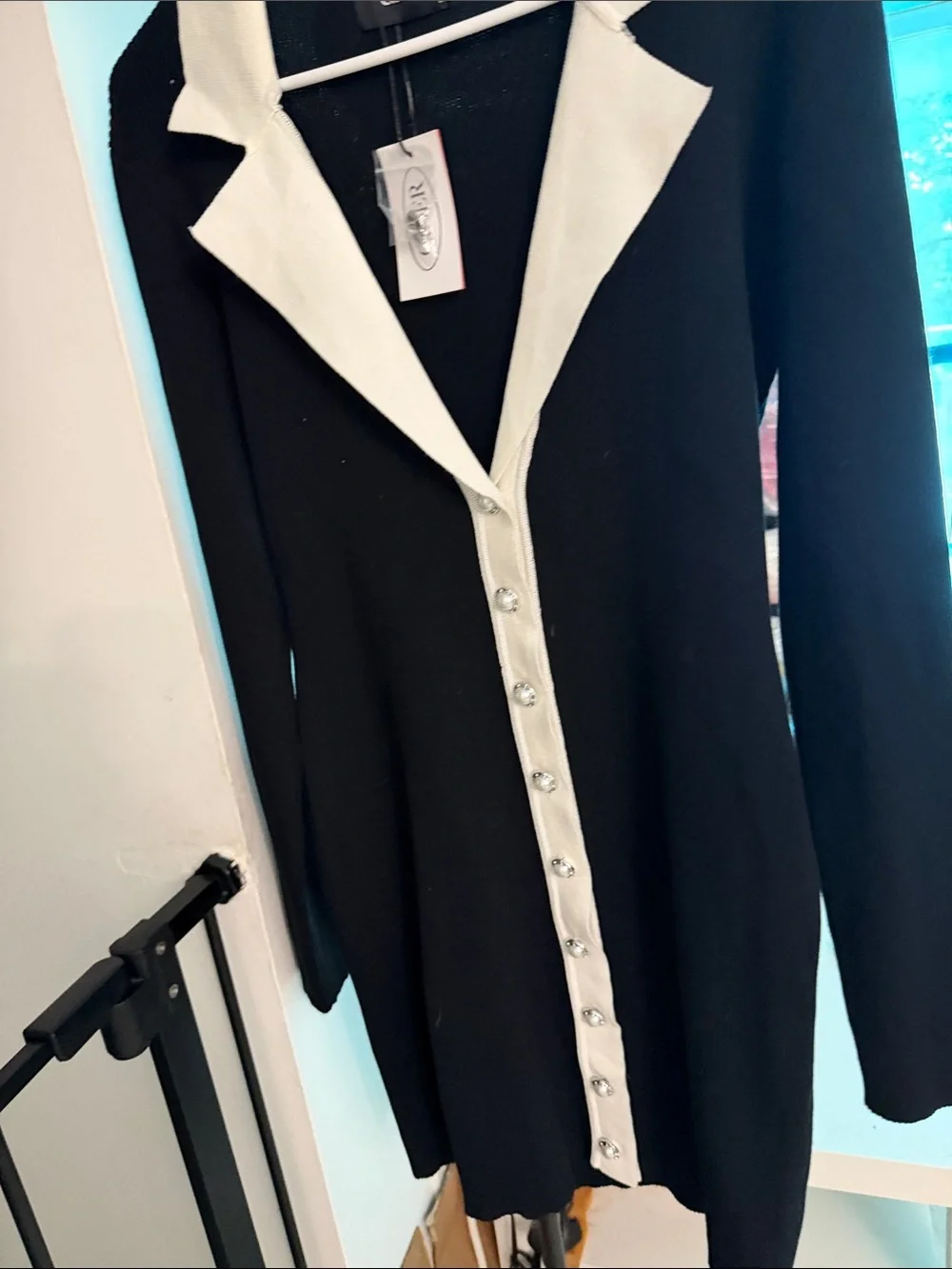 Cider Black & White Contrast-Trim Button Front Longline Cardigan
